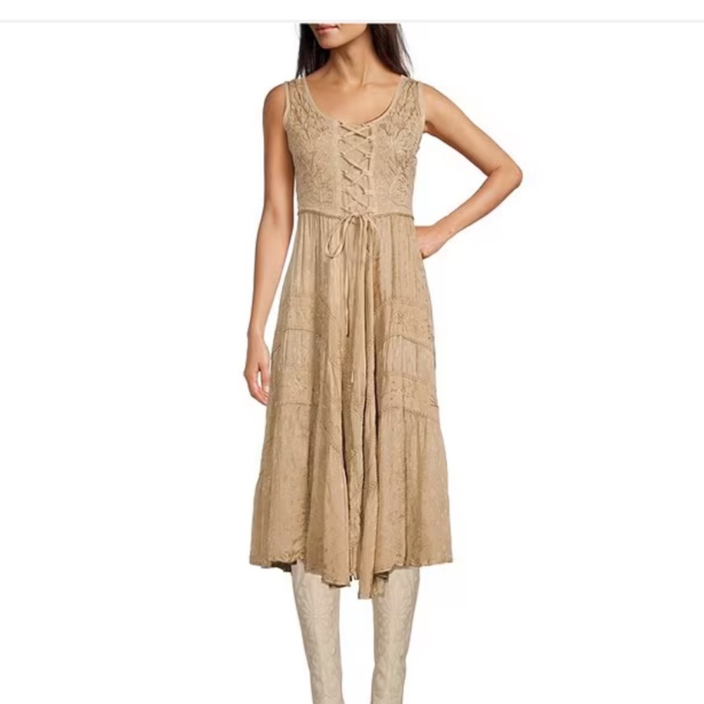 Sleeveless Lace-Up Embroidered Floral Jacquard Tie Waist Midi Dress